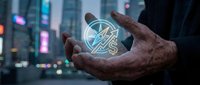Elderly hands protecting glowing brain hologram with neural networks against futuristic city backdrop representing AI technology and cognitive health protection.