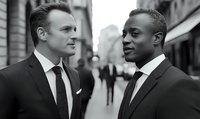 Two businessmen in formal suits engaged in serious conversation on urban street, black and white photography creates dramatic professional atmosphere.