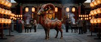 Ornate mechanical steampunk ram with intricate gears and bronze details stands in traditional Asian temple courtyard with glowing lanterns and visitors.