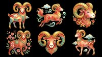 Six ornate Chinese zodiac ram characters in red and gold, isolated on transparent background. Great for clipart, stickers, t-shirt design, print on demand, and sublimation projects.