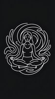 Minimalist line art of serene woman in lotus pose surrounded by flowing energy swirls on black background for meditation and wellness designs.