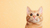 Curious ginger cat looking up with wide eyes against peach background with white dots. Close-up portrait shows expressive face and pink nose.