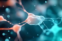 Neuron cell network with synaptic connections in turquoise and coral colors on dark background showing neural activity and electrical impulses in brain.