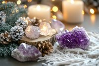 Amethyst crystals and pine cones with glowing candles create magical winter atmosphere on rustic wooden slice, decorated with evergreen branches and bokeh lights.