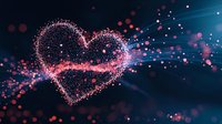 Glowing pink heart shape formed by luminous particles and light trails against dark background, romantic sparkles and bokeh effects create magical atmosphere.