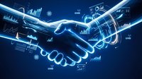 Digital handshake with glowing data analytics charts and graphs representing business partnership, technology collaboration and financial success.
