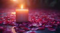 Glowing white candle surrounded by scattered red rose petals in romantic ambient lighting, creating atmospheric mood for spa, meditation, or Valentine's day setting.
