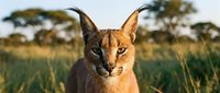Wild caracal cat with tufted ears in natural grassland habitat during golden hour lighting. Wildlife photography showcasing African savanna predator in serene landscape.