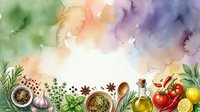 Watercolor culinary herbs and spices arranged with fresh ingredients, olive oil, and tomatoes on white background for cooking, recipe, and food design projects.