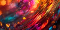 Vibrant abstract background with colorful bokeh lights and flowing curved lines in red, pink, orange, and teal creating dynamic motion effect.
