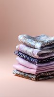 Stack of neatly folded pink and gray patterned cotton bandanas and plain fabric on pastel background. Soft focus styling for fashion and accessories marketing.