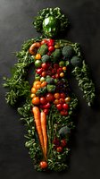 Creative arrangement of fresh vegetables forming human silhouette on dark background. Colorful healthy food art composition with tomatoes, broccoli, carrots and greens.