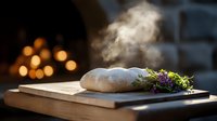Fresh baked artisanal bread loaf with herbs and edible flowers on wooden cutting board, steam rising in dramatic lighting with bokeh background.