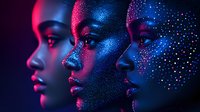 Young African woman faces in profile with glowing neon makeup and sparkling glitter effects against dark background, illuminated by blue and pink lights.