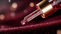 Luxury cosmetic serum dropper with sparkling drops against dark red background with bokeh lights and glitter. Macro beauty product photography.
