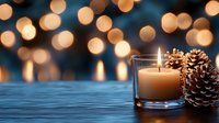Glowing candle in glass holder with pine cones on blue wooden surface against blurred golden bokeh lights background creates cozy winter holiday atmosphere.