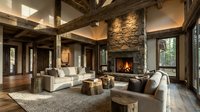 Rustic modern living room with stone fireplace, exposed wooden beams, neutral furniture and warm lighting creating cozy mountain lodge atmosphere.