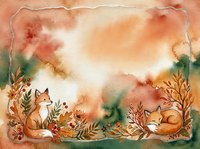 Watercolor autumn foxes with foliage border frame on textured paper background for seasonal greeting cards and nature-themed designs.