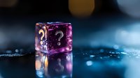 Purple transparent dice with question mark symbol on wet reflective surface against dark background with bokeh lights, creating mysterious gaming atmosphere.