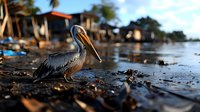 Brown pelican standing on wet beach at sunset with coastal buildings and palm trees in background, creating dramatic silhouette against golden evening light.