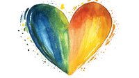 Watercolor rainbow heart with vibrant blue, green, yellow and orange gradient colors on white background, with artistic paint splatter effects and expressive brushstrokes.
