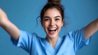Young woman in blue shirt expressing pure joy with wide genuine smile and raised arms against blue background. Candid emotional portrait capturing happiness and success.