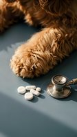 Fluffy dog paw next to stethoscope and white pills on blue surface for veterinary healthcare and pet medicine concept.