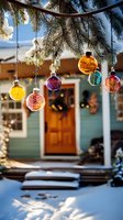 Colorful glass ornaments hanging from snow-covered pine branch with cozy winter cottage in background, creating festive holiday atmosphere.