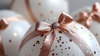 White Christmas ball ornament decorated with rose gold metallic bow and star pattern, elegant holiday decor on blurred background with bokeh lights.