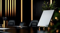 Modern conference room interior with empty white tablet display on wooden table, decorative plant and golden light strips on dark wall background.