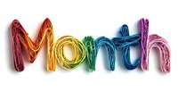 Colorful quilling paper art forming month text on white background, rainbow gradient letters with shadow effect for calendar and time design projects.
