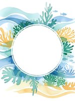 Watercolor ocean frame with coral reef and sea plants surrounding blank circle for text or logo design on white background.