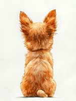 Back view of ginger Yorkshire terrier puppy sitting straight, showing fluffy fur and pointed ears against white background. Artistic watercolor style pet portrait.