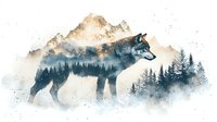 Artistic double exposure of wild wolf silhouette blending with misty mountain landscape and pine forest in watercolor style, creating mystical nature scene.