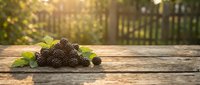 Fresh blackberries with green leaves arranged on rustic wooden surface in natural sunlight, suitable for food photography, culinary blogs, and healthy eating content.
