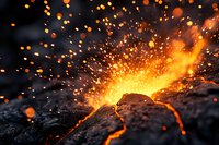 Dramatic volcanic eruption with glowing lava bursting through dark rock surface, creating spectacular shower of bright orange sparks against black background.