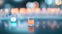 Small glass of liquor on reflective surface with soft bokeh lights creating dreamy atmosphere in turquoise and orange tones, minimalist composition.