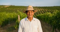 Senior male farmer wearing straw hat and white shirt standing in vineyard rows during daytime. Agricultural professional portrait.