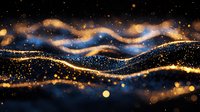 Abstract cosmic waves with golden glowing particles and blue nebula effects flowing through starry space, creating magical celestial atmosphere.