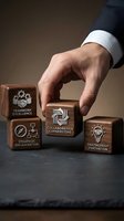 Businessman hand placing wooden blocks with business strategy icons representing teamwork excellence and collaboration concepts.