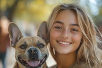 Young blonde woman with natural makeup and casual style smiling next to happy French Bulldog puppy outdoors on blurred autumn background.
