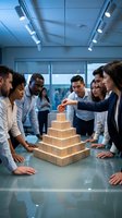 Diverse business team placing a target on a wooden block pyramid, symbolizing goal achievement and strategic teamwork in a modern office.