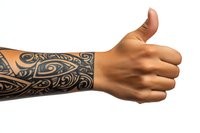 Thumbs up gesture showing arm with tribal Polynesian style tattoo sleeve on light skin tone, isolated on white background for design projects.