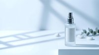 White cosmetic spray bottle with silver pump on clean minimalist surface with natural shadows and eucalyptus leaves for skincare beauty product mockup.