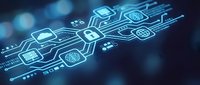 Digital circuit board with glowing blue cybersecurity icons and lock symbols on dark background for technology and data protection concepts.