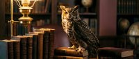 Wise owl perched on antique books in elegant library setting with warm golden lighting and vintage scholarly atmosphere for educational content.