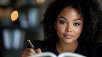 Young African American businesswoman with curly hair taking notes during meeting, professional portrait with soft bokeh background.