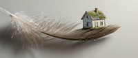 Small house resting on large feather against neutral background symbolizing lightness, dreams, and fragile balance of home ownership concept.