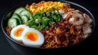 Spicy ramen bowl with soft boiled egg, tender pork belly, fresh cucumber, corn, green onions and noodles in rich savory broth. Asian cuisine comfort food.