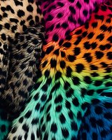 Rainbow colored leopard print pattern with vibrant gradient from pink to blue, featuring black spots on multicolored fur background. Seamless design for fashion and textile use.